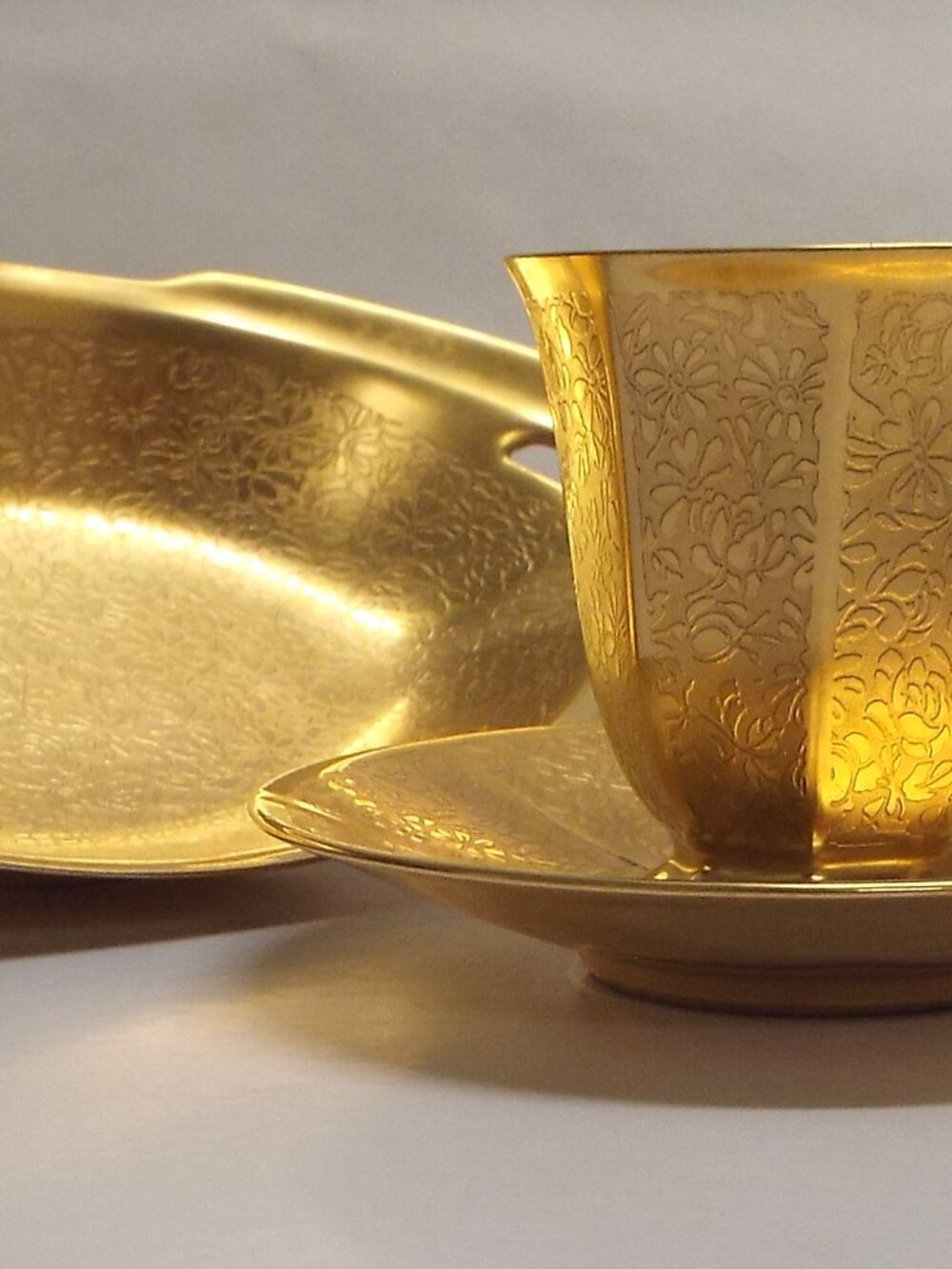 PICKARD Rose & Daisy Gold Porcelain Demitasse Cup/Saucer and Candy Dish - LOVELY